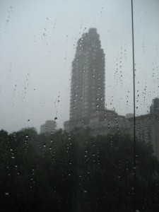 An apartment building outside our hotel on a rainy day.